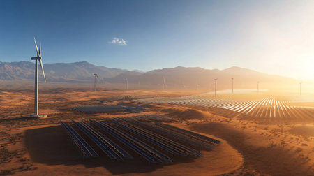 Solar panels and wind turbines in the desert. 3D rendering.