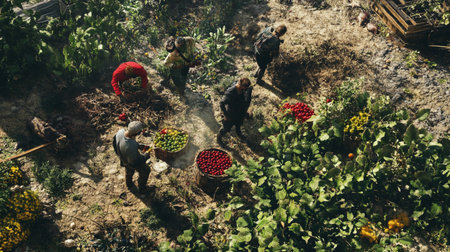 Top view of a group of farmers working on a vegetable garden.