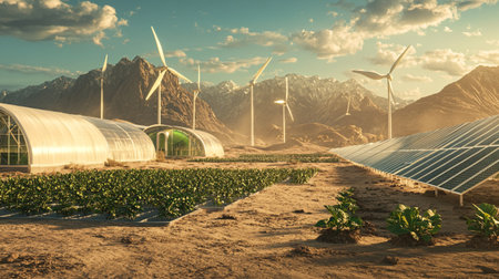 Greenhouse with solar panels and wind turbines. 3d render.