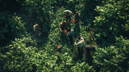 Aerial view of group of young people picking fruits in the garden