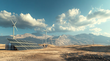 solar energy panels and wind turbines in the desert 3d rendering