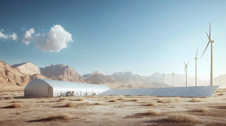 Solar panels and wind turbines in the desert. 3D Rendering