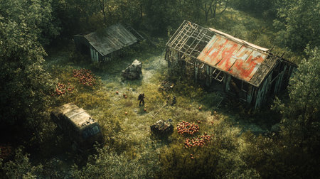 Aerial view of abandoned village in the middle of the forest.