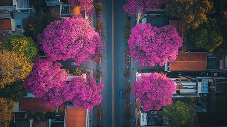 Aerial view of the cityscape with beautiful pink flowers on the roadの写真素材