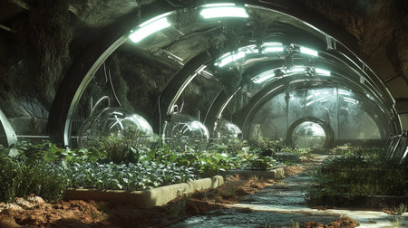 Greenhouse with plants in the middle of the tunnel. Selective focus.の写真素材