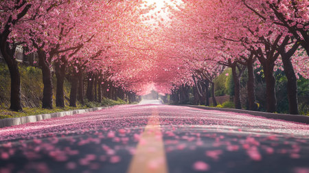 Cherry blossoms in full bloom along a country road in spring