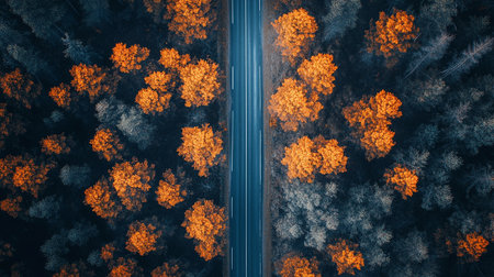 Aerial view of autumn forest and road. Top view from drone.