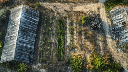 Aerial view of a farm with a lot of sugarcane