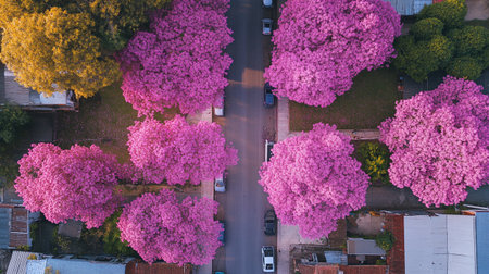 Aerial view of blooming pink tree in the city