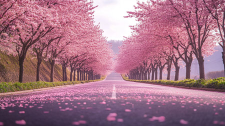 Cherry blossoms in full bloom along a country road in springの写真素材
