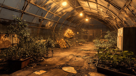Abandoned greenhouse with plants in the night. Toned.の写真素材