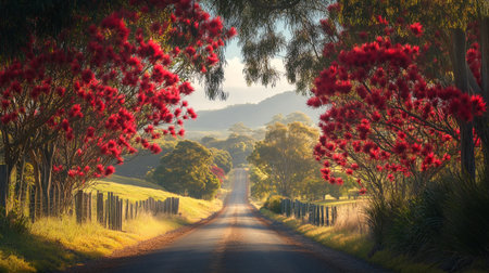 Country road in Australia with red flowers in the foreground and trees in the background