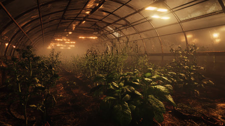 Growing vegetables in a greenhouse in the fog. Selective focus.の写真素材
