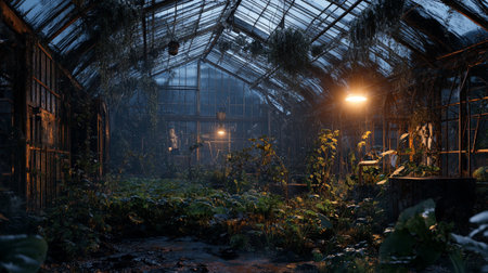 Inside a greenhouse at night with plants in the foreground and a lantern.の写真素材