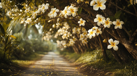 Plumeria flowers on the road in the garden, nature backgroundの写真素材