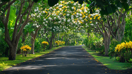 Tropical road with yellow flowers in the public park, Thailand.