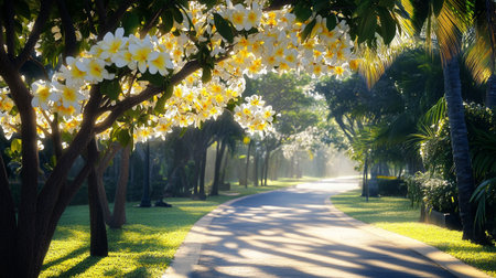 Tropical garden with blooming white flowers in the morning.の写真素材