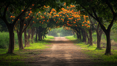Orange tree tunnel in the morning at Nakhon Ratchasima, Thailandの写真素材