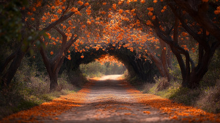 Orange blossom tree tunnel at the end of a dirt road.の写真素材
