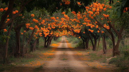 Beautiful orange flowers blooming in the garden with dirt road.の写真素材
