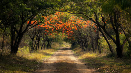 Tropical road in the forest with orange flowers and green leavesの写真素材