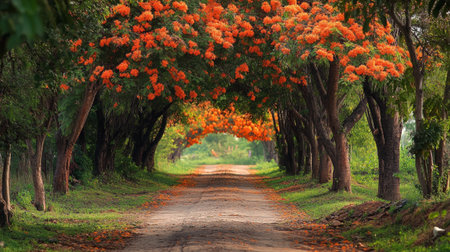 Tree tunnel with orange flowers in the garden at Chiang Mai, Thailandの写真素材