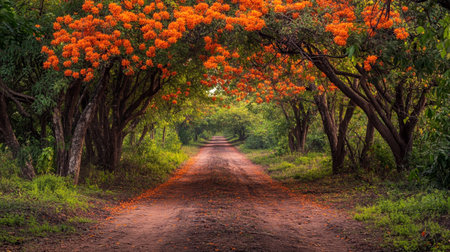 Orange peacock flowers in the garden with dirt road, Thailand.の写真素材