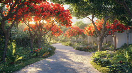 Sunset in the garden with beautiful blooming flowers and path.