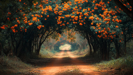 Orange tree tunnel in the morning, orange tree tunnel in the morning