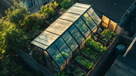 Aerial view of a greenhouse with a glass roof and plants