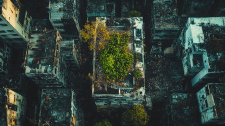 Aerial view of abandoned building with green tree in the middle.