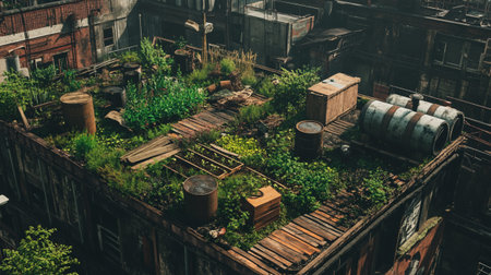 Aerial view of an old building with a green rooftop garden in an urban setting