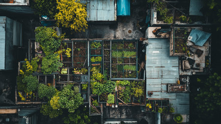 Aerial view of old house with green plants in the windows.