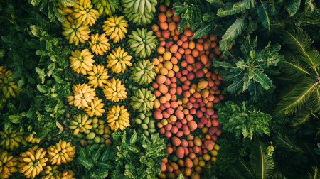 Top view of tropical fruits and vegetables in the garden, stock photo