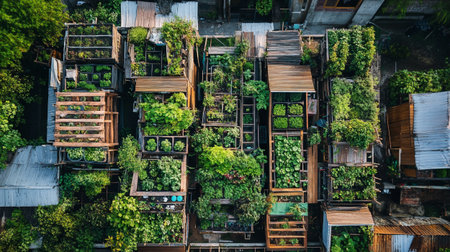 Aerial view of old wooden houses with green plants, Thailand.