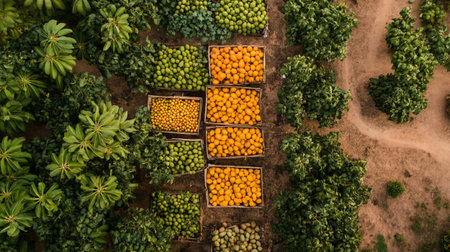 Aerial view of fruits in wooden boxes on a farm