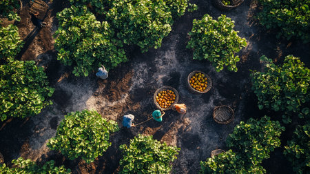 Aerial view of farmer and his wife are harvesting oranges in the field.