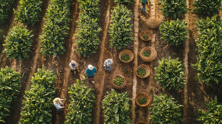 Aerial view of two women harvesting coffee beans in a coffee plantation