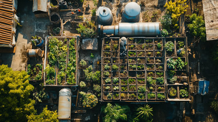 Aerial view of garden with plants growing in pots on terraceの写真素材