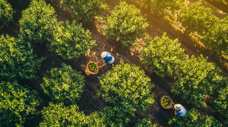 Aerial view of a farmer working in the orange orchard.の写真素材