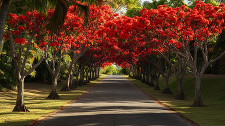 Road in the park with red flowers of rhododendronの写真素材