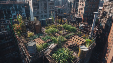 Aerial view of an abandoned building in a residential area in the city