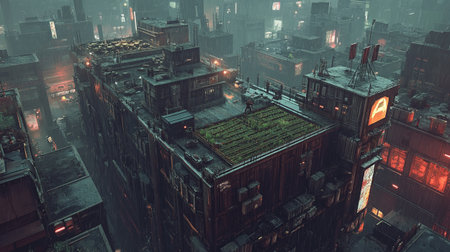 Aerial view of a foggy city at night. 3D rendering