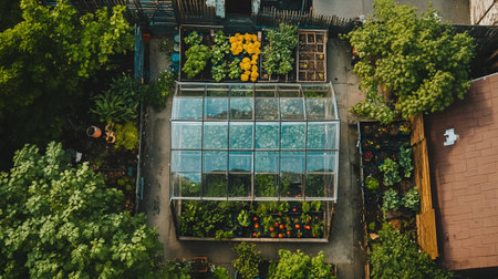 Aerial view of a balcony with flowers and plants. View from above.