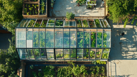 Aerial view of a modern glass greenhouse with plants