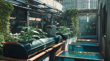 Interior of a modern greenhouse with plants in pots and water pipes