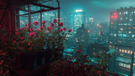 Beautiful night cityscape with red roses and foggy window.の写真素材