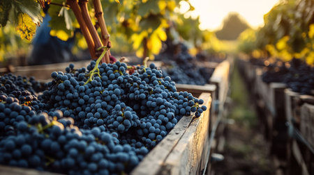 Harvesting of red and black grapes in a vineyard in summer