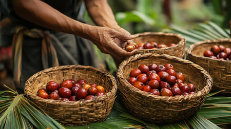 Close-up of man's hands picking red date fruits in baskets.