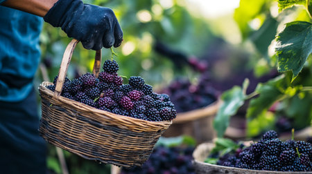 Harvesting blackberries in a basket in a vineyard.